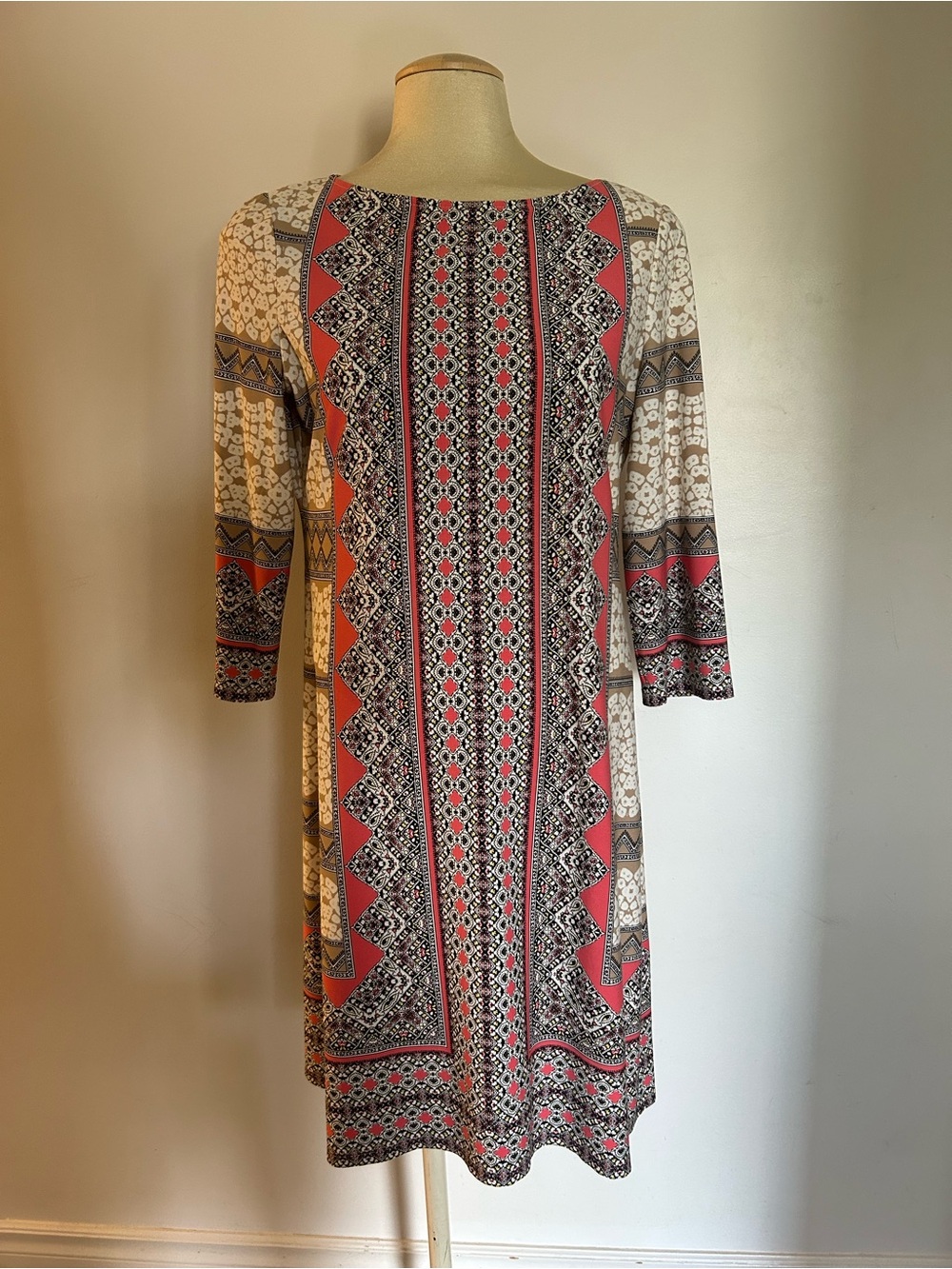 London Times Coral and Cream / black Printed 3/4Sleeve Dress